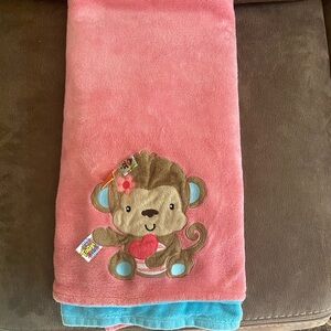 TAGGIES MONKEY HEART PINK AQUA BLUE REVERSIBLE SECURITY LOVEY BLANKET 30”x60”